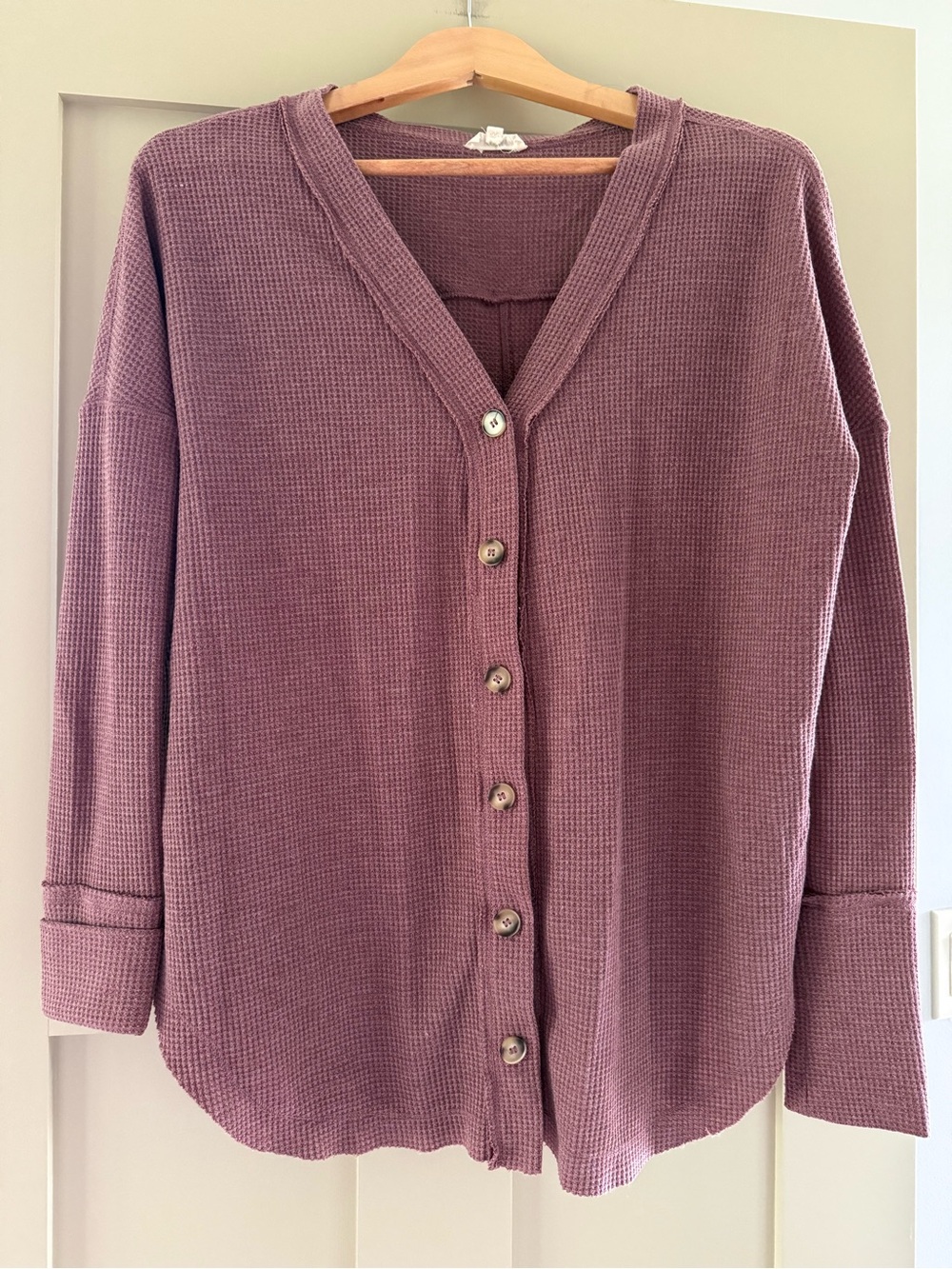 Waffle-Knit Button Cardigan in Dusty Mauve